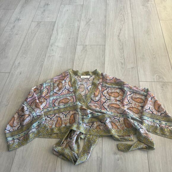 Anthropologie Tops - Anthropologie Kimono Chartreuse Green Paisley Sheer Tie Front One Size